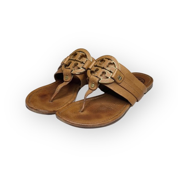 Tory Burch 𐮛 Amanda Double T Reva Thong Sandal 𐮛 Tan Leather 𐮛 Miller 𐮛 8.5 - Picture 9 of 17